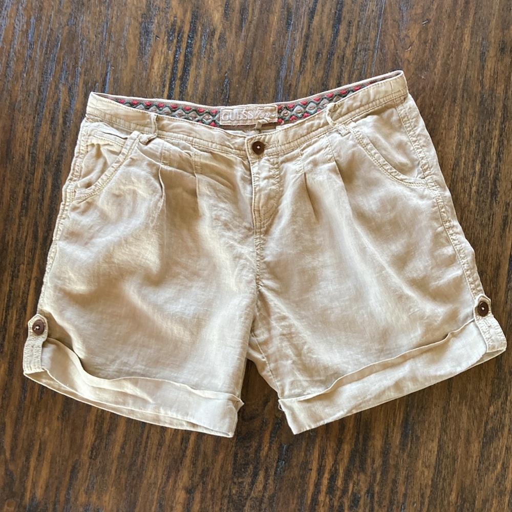 Guess Jeans Tan Linen Low Rise Embellished Going Out Shorts